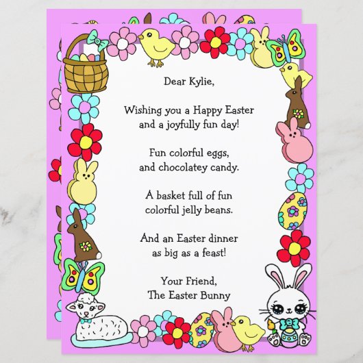 Whimsical Easter Bunny en Poem Kind Letter Game (Voorkant / Achterkant)