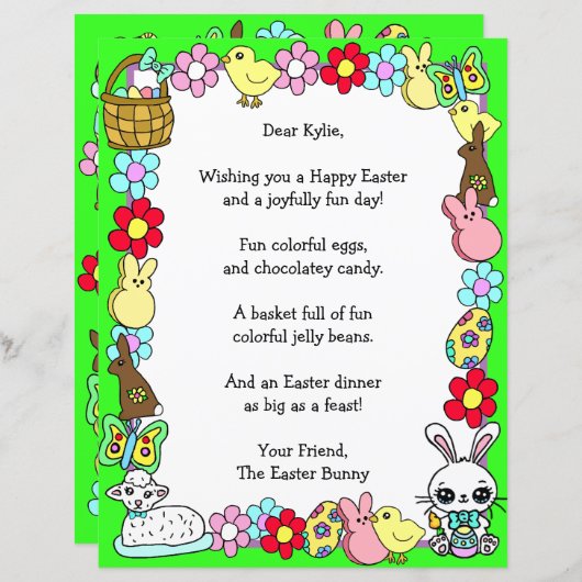Whimsical Easter Bunny en Poem Kind Letter Game (Voorkant / Achterkant)
