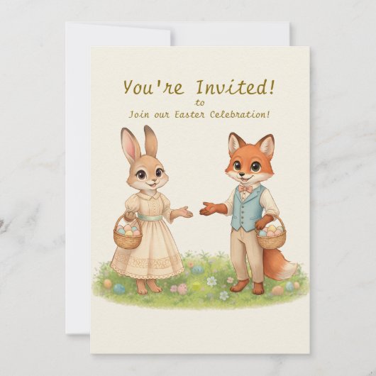 Whimsical Easter Bunny & Fox Party Invitation Kaart (Voorkant)