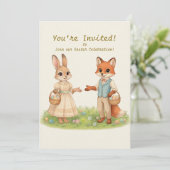 Whimsical Easter Bunny & Fox Party Invitation Kaart (Staand voorkant)