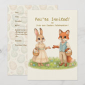 Whimsical Easter Bunny & Fox Party Invitation Kaart (Voorkant / Achterkant)