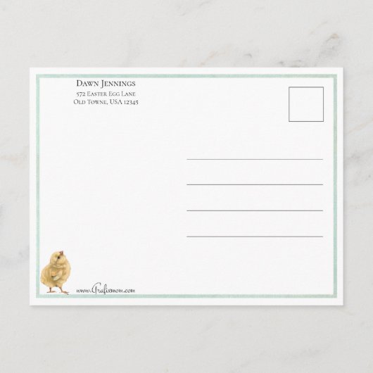 Whimsical Easter Chicken met Daisies en Greeting Briefkaart (Achterkant)