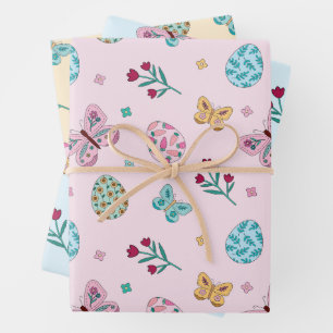 Whimsical Easter Egg, Butterfly & Floral Inpakpapier Vel