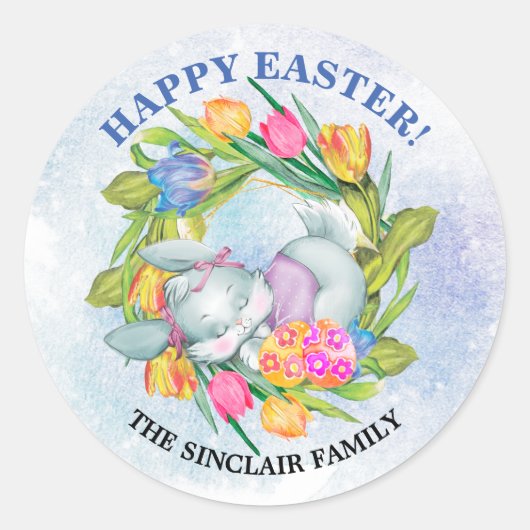 Whimsical Easter Eggs en Bunny Tulips Ronde Sticker (Voorkant)