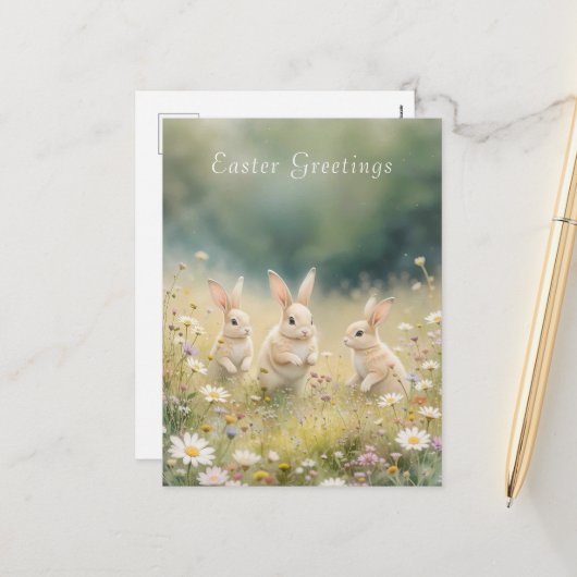 Whimsical Easter Meadow Springtime Bunny Feestdagenkaart (Voorkant / Achterkant in situ)