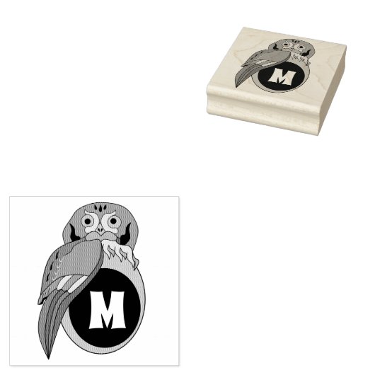 Whimsical Eastern Screech Owl Monogram Rubberstempel (Gestempeld)