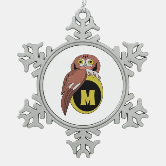 Whimsical Eastern Screech Owl Monogram Tin Sneeuwvlok Ornament (Voorkant)