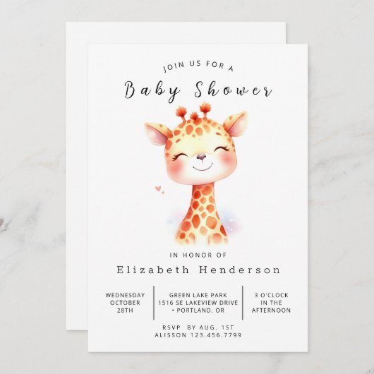 Whimsical Editable Giraffe Baby shower Kaart (Voorkant / Achterkant)