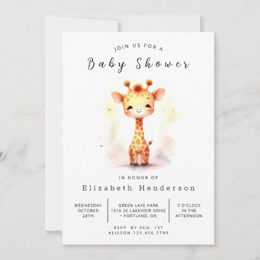 Whimsical Editable Giraffe Baby shower Kaart (Voorkant)