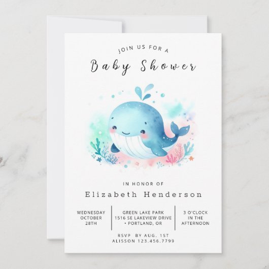 Whimsical Editable Whale Baby shower Kaart (Voorkant)