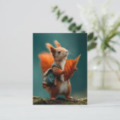 Whimsical Eekhoorn met een rugzak en herfstblad Feestdagenkaart (Staand voorkant)