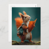 Whimsical Eekhoorn met een rugzak en herfstblad Feestdagenkaart (Voorkant / Achterkant)