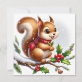 Whimsical Eekhoorn met Holly en rode sjaal Feestdagenkaart (Voorkant)