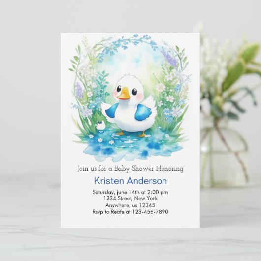 Whimsical eendje blauw bloemenjongen Baby shower Kaart (Staand voorkant)