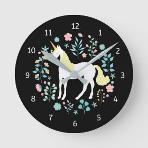 Whimsical Eenhoorn & Bloemen Zwart Ronde Klok