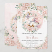 Whimsical Eenhoorn Blush Roze Bloemen Baby shower Kaart (Voorkant / Achterkant)