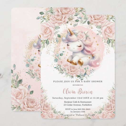 Whimsical Eenhoorn Blush Roze Bloemen Baby shower Kaart (Voorkant / Achterkant)