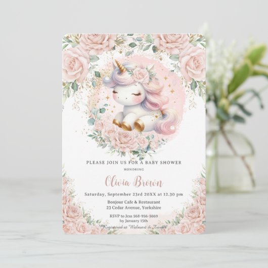 Whimsical Eenhoorn Blush Roze Bloemen Baby shower Kaart (Staand voorkant)