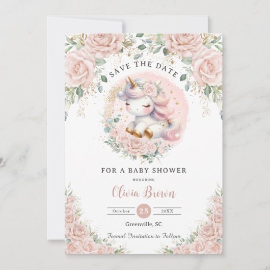 Whimsical Eenhoorn Blush Roze Bloemen Baby shower Save The Date (Voorkant)