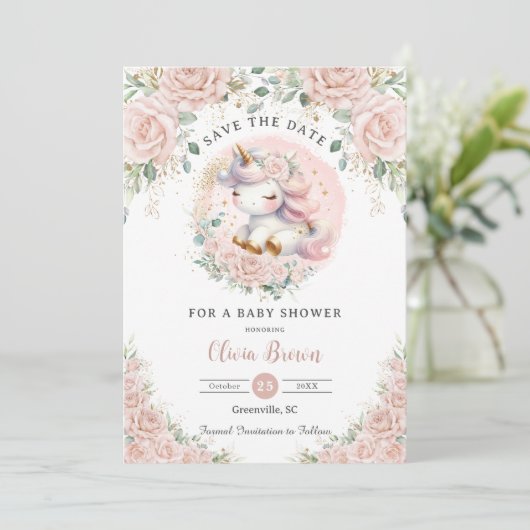 Whimsical Eenhoorn Blush Roze Bloemen Baby shower Save The Date (Staand voorkant)