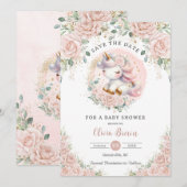Whimsical Eenhoorn Blush Roze Bloemen Baby shower Save The Date (Voorkant / Achterkant)