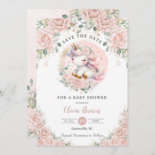 Whimsical Eenhoorn Blush Roze Bloemen Baby shower Save The Date (Voorkant / Achterkant)