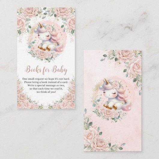 Whimsical Eenhoorn Blush Roze Bloemen Boeken voor  Informatiekaartje (Voorkant / Achterkant)