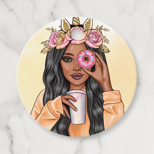 Whimsical eenhoorn donut meisje verjaardag bedankjes labels (Voorkant)