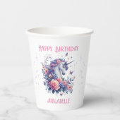 Whimsical eenhoorn glitter roze meisje verjaardag papieren bekers (Voorkant)