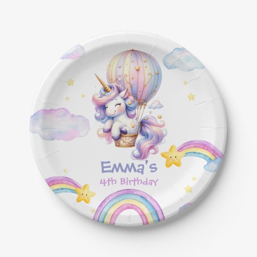 Whimsical Eenhoorn Hete Luchtballon Verjaardagspap Papieren Bordje (Voorkant)