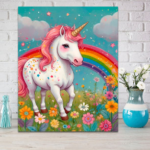 Whimsical Eenhoorn in Rainbow Floral Meadow Poster
