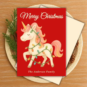 Whimsical Eenhoorn met String Lights Kerstmis Feestdagenkaart