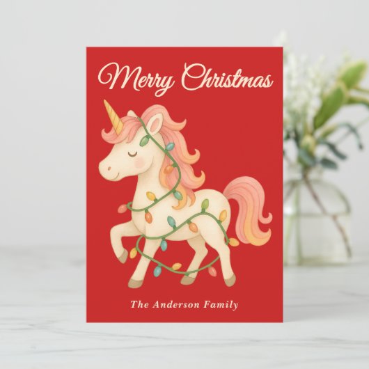 Whimsical Eenhoorn met String Lights Kerstmis Feestdagenkaart (Staand voorkant)