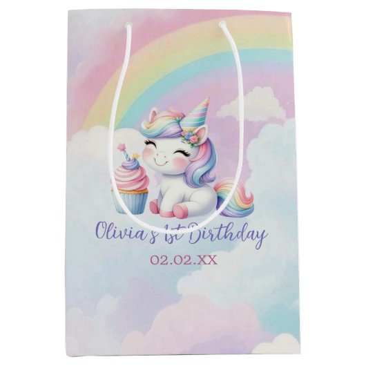 Whimsical Eenhoorn Regenboog Verjaardagsfeest Gift Medium Cadeauzakje (Voorkant)
