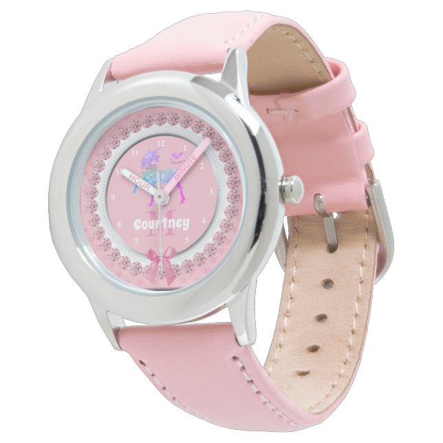 Whimsical eenhoorn roze gepersonaliseerde meisjes horloge (Gekanteld)