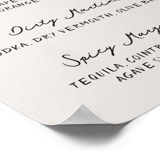 Whimsical eigenzinnig handgeschreven cocktail menu poster (Hoek)