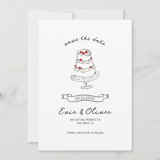 Whimsical eigenzinnige hand getekend kersencake br save the date (Voorkant)