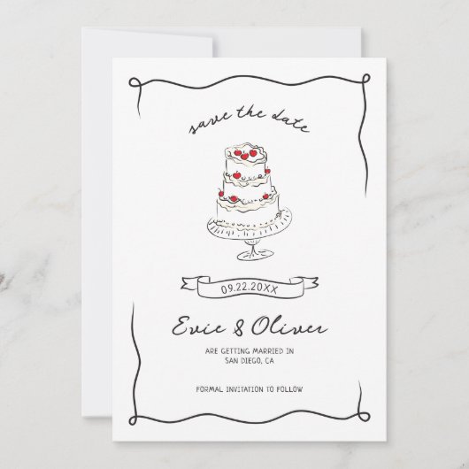 Whimsical eigenzinnige hand getekend kersencake br save the date (Voorkant)