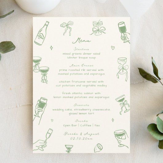 Whimsical Eigenzinnige Hand Getrokken Groene Huwel Menu