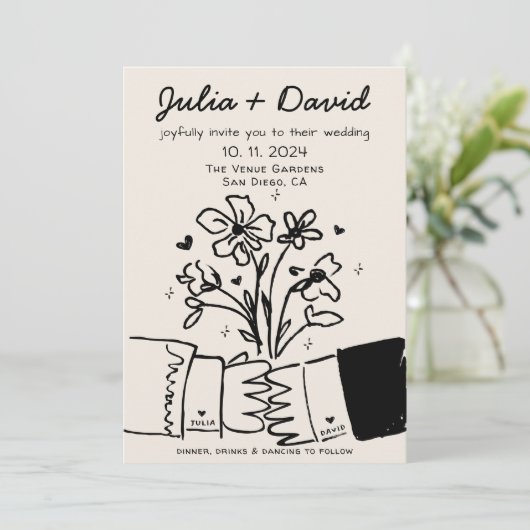 Whimsical eigenzinnige handgeschreven bloemenbruil kaart (Staand voorkant)