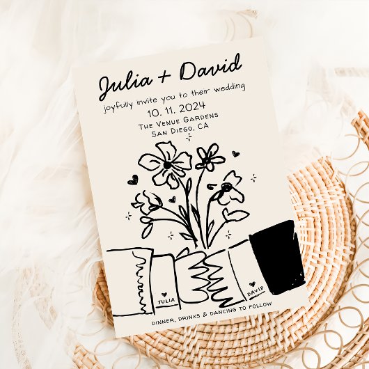 Whimsical eigenzinnige handgeschreven bloemenbruil kaart