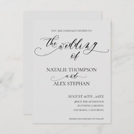Whimsical Elegant Black and White Script Wedding Uitnodiging Briefkaart (Voorkant / Achterkant)