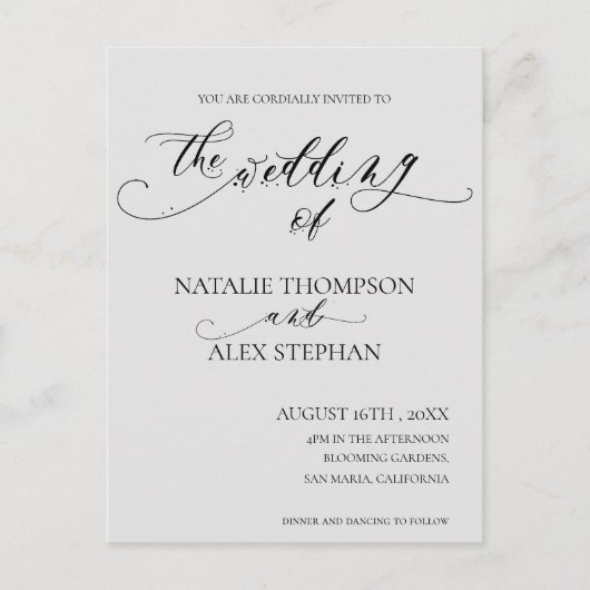 Whimsical Elegant Black and White Script Wedding Uitnodiging Briefkaart (Voorkant)