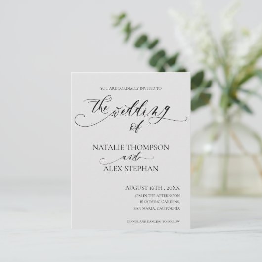 Whimsical Elegant Black and White Script Wedding Uitnodiging Briefkaart (Staand voorkant)