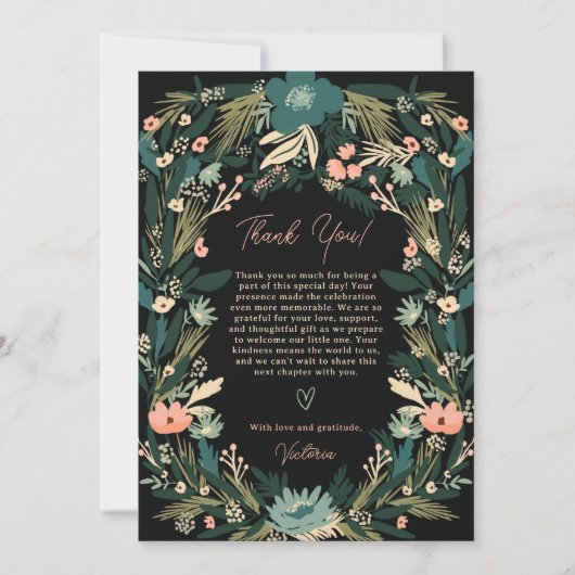 Whimsical Elegant Groen Roze Bloemen Baby shower Bedankkaart (Voorkant)