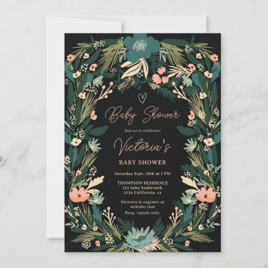 Whimsical Elegant Groen Roze Bloemen Baby shower Kaart (Voorkant)