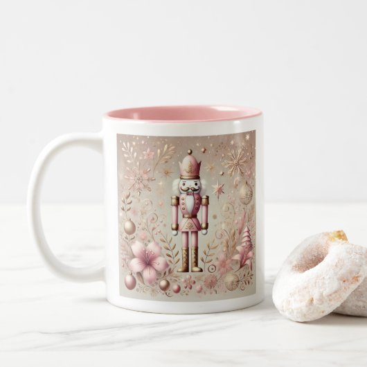 Whimsical Elegant Pink and Gold Pastel Nutcracker Tweekleurige Koffiemok (Met donut)