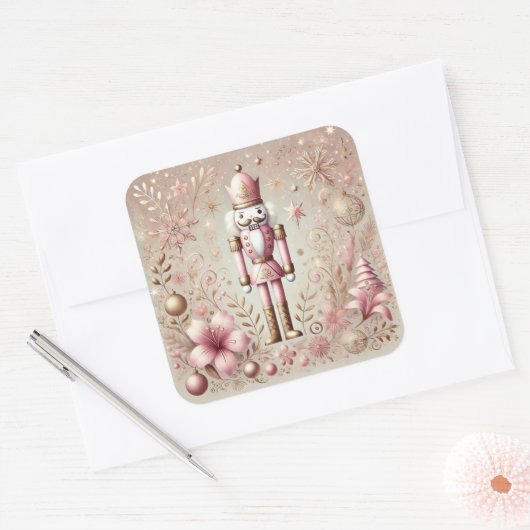 Whimsical Elegant Pink and Gold Pastel Nutcracker Vierkante Sticker (Envelop)