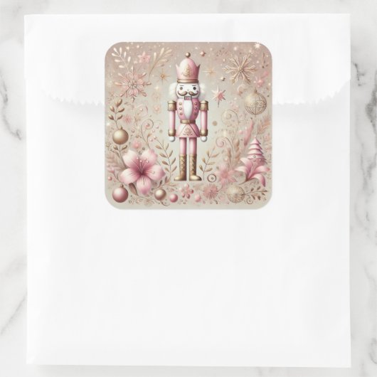 Whimsical Elegant Pink and Gold Pastel Nutcracker Vierkante Sticker (Tas)