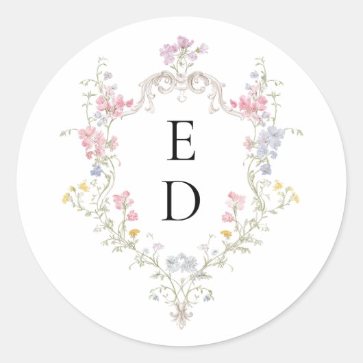 Whimsical Elegant Rococo Floral Crest Monogram Ronde Sticker (Voorkant)